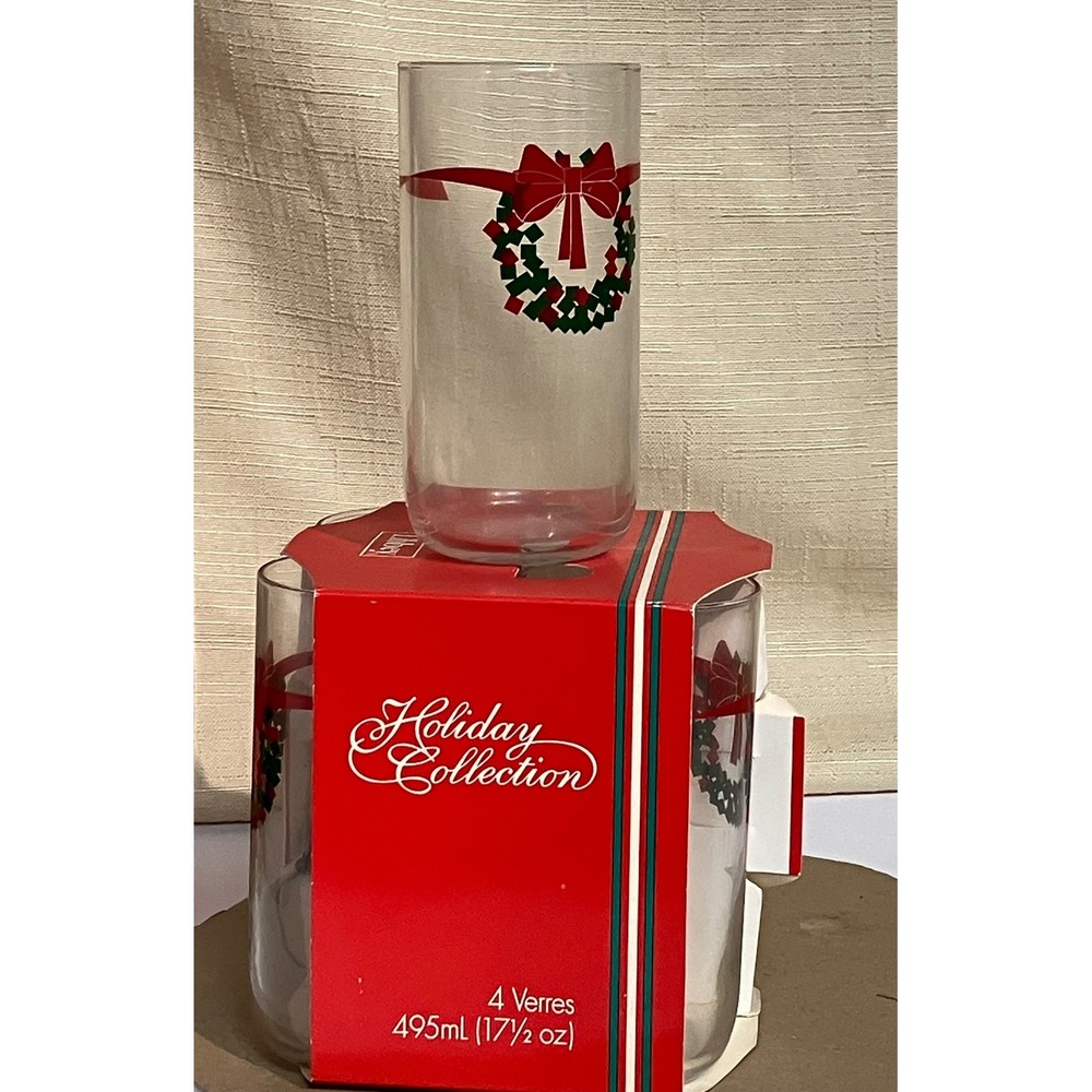 Libbey Glassware 2 Sets of four 17.5oz Clear Excellent Christmas Wreath Tree 8pc